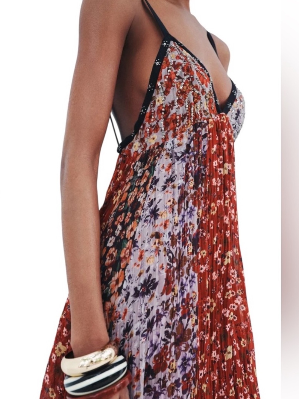 Zara Rust Multi Floral Plissé Maxi Slip Dress